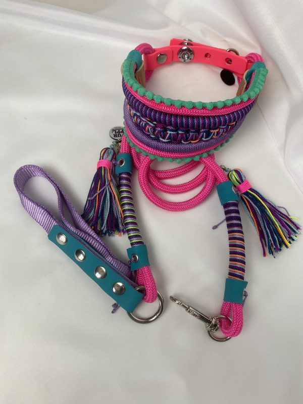 Premium Handmade Dog Collar & Leash Set Tau Rope in Pink & Purple with Chrome Hardware & Green Touches