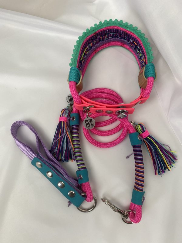 Premium Handmade Dog Collar & Leash Set Tau Rope in Pink & Purple with Chrome Hardware & Green Touches