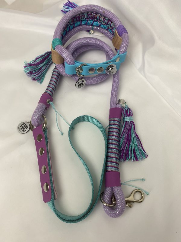 Premium Handmade Dog Collar & Leash Set Tau Rope in Purple & Turquoise with Chrome Hardware & Silver Touches