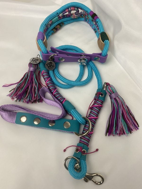 Premium Handmade Dog Collar & Leash Set Tau Rope in Blue & Purple with Chrome Hardware & Burgundy Touches