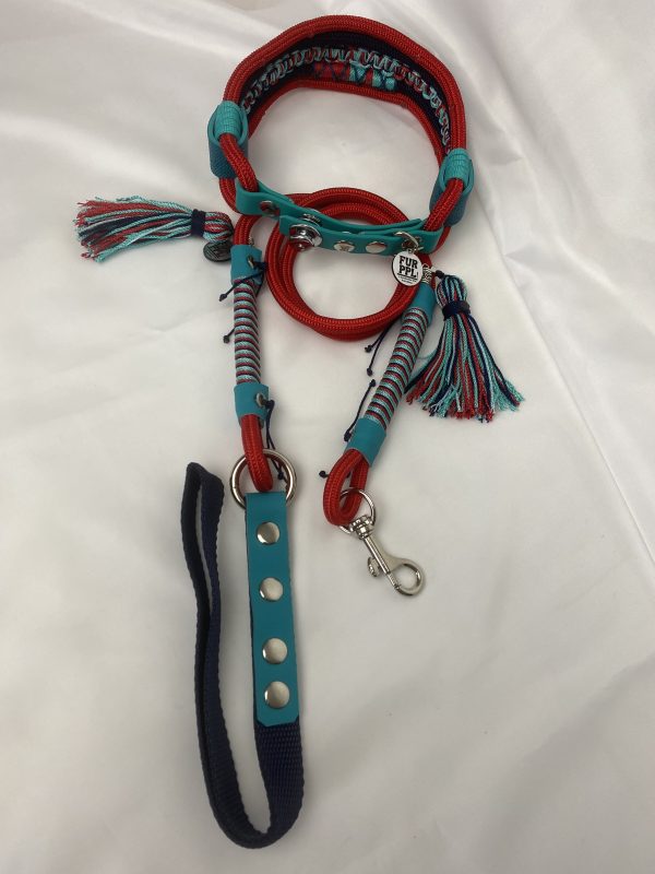 Premium Handmade Dog Collar & Leash Set Tau Rope in Red & Black with Chrome Hardware & Turquoise Touches