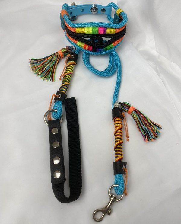 Premium Handmade Dog Collar & Leash Set Tau Rope in Turquoise Blue & Black with Chrome Hardware & Vibrant Touches