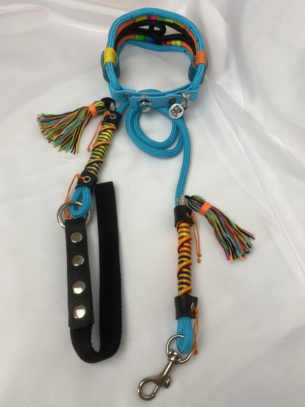 Premium Handmade Dog Collar & Leash Set Tau Rope in Turquoise Blue & Black with Chrome Hardware & Vibrant Touches