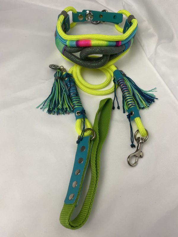 Premium Handmade Dog Collar & Leash Set Tau Rope in Yellow & Green with Chrome Hardware & Turquoise Touches