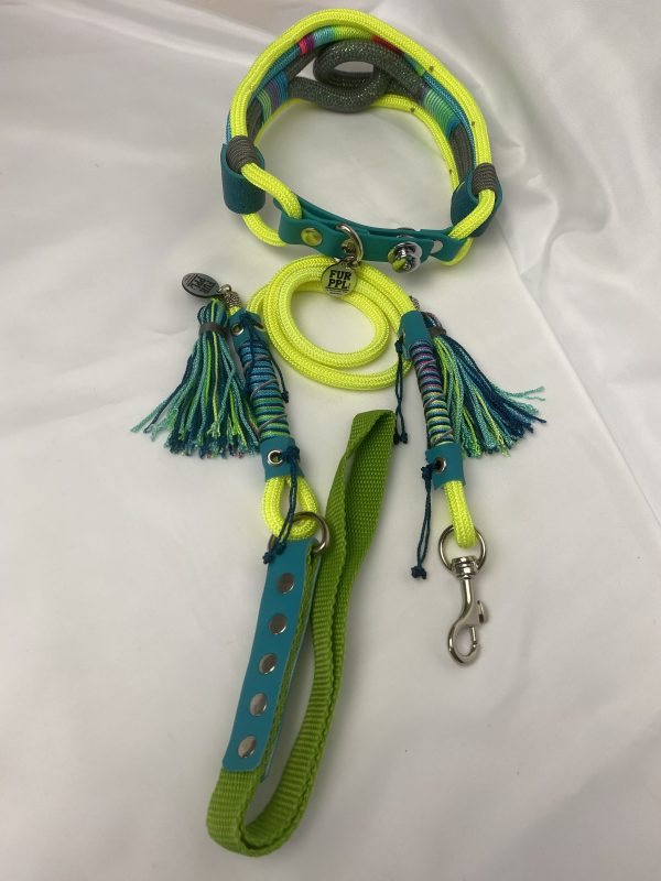 Premium Handmade Dog Collar & Leash Set Tau Rope in Yellow & Green with Chrome Hardware & Turquoise Touches